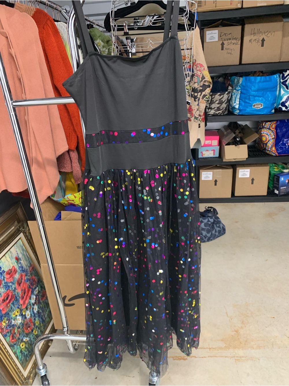 Black Polka Sequin Maxi Dress with Colorful Confetti Dots
